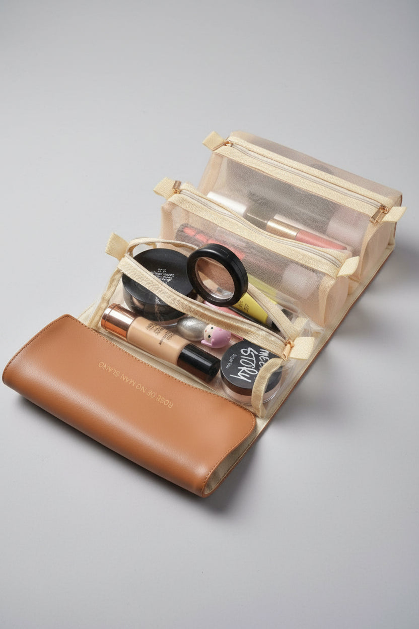 Cosmetiquera de Viaje Desplegable 4 en 1 Tipo Cuero Sintético